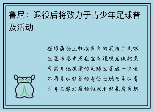 鲁尼：退役后将致力于青少年足球普及活动